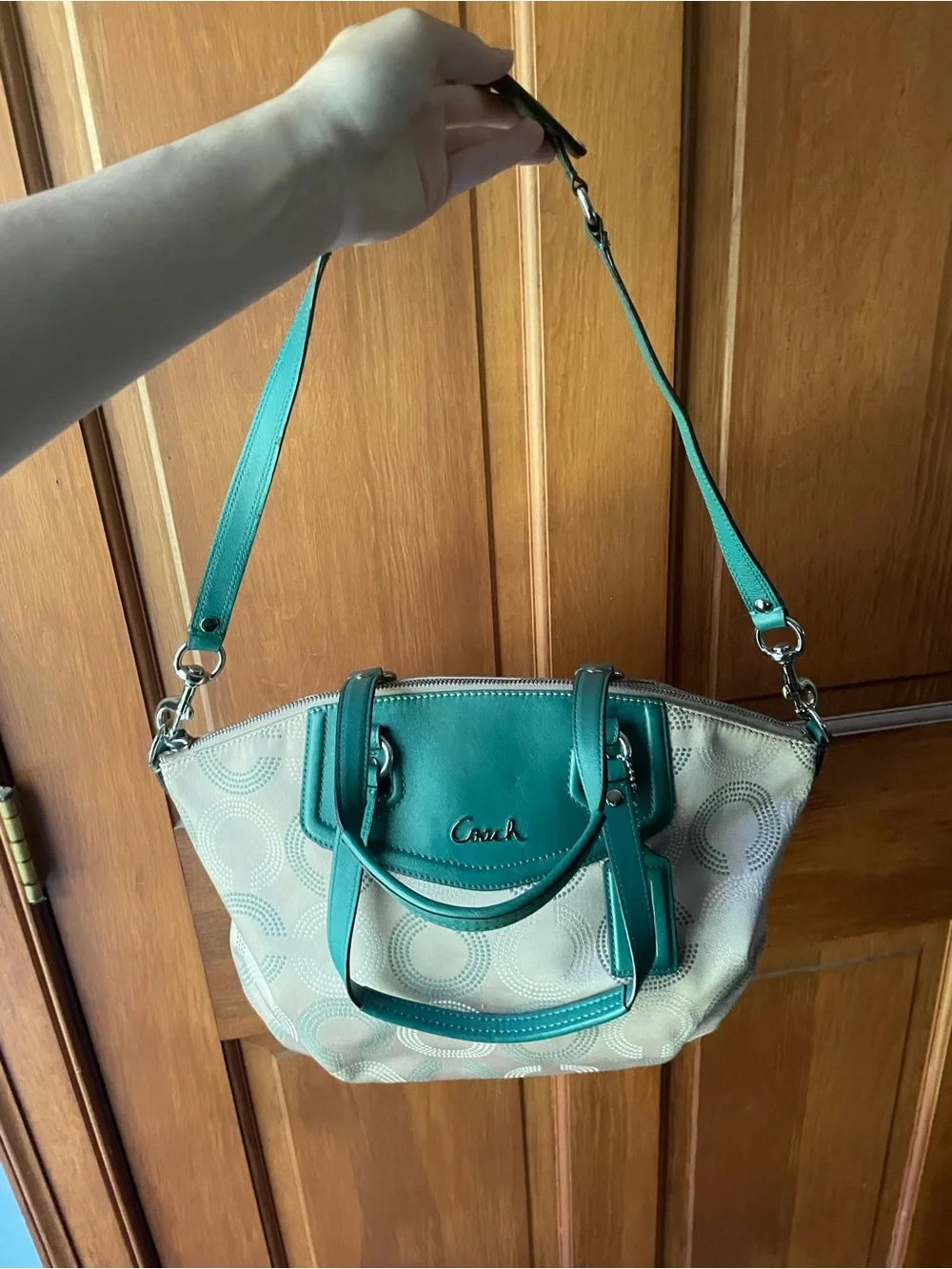 Coach Sabrina Signature C Print Sateen Fabric w/Green Leather Trim F25183